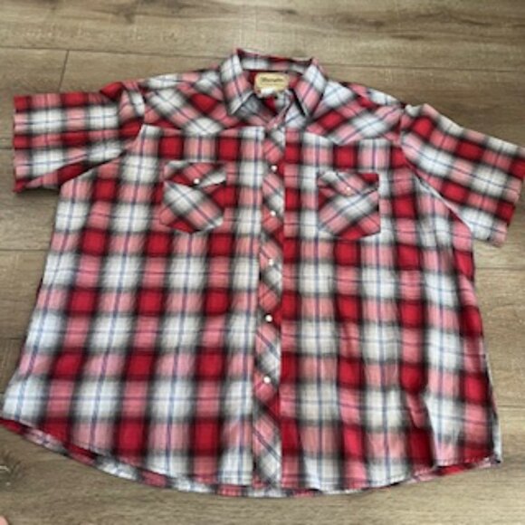 Wrangler Shirt Pearl Snap Plaid Button Up Men's Size XXL Short Sleeve Red & Gray - Picture 8 of 8
